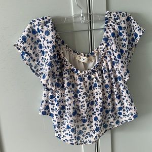 Blue and white flower off the shoulder blouse
